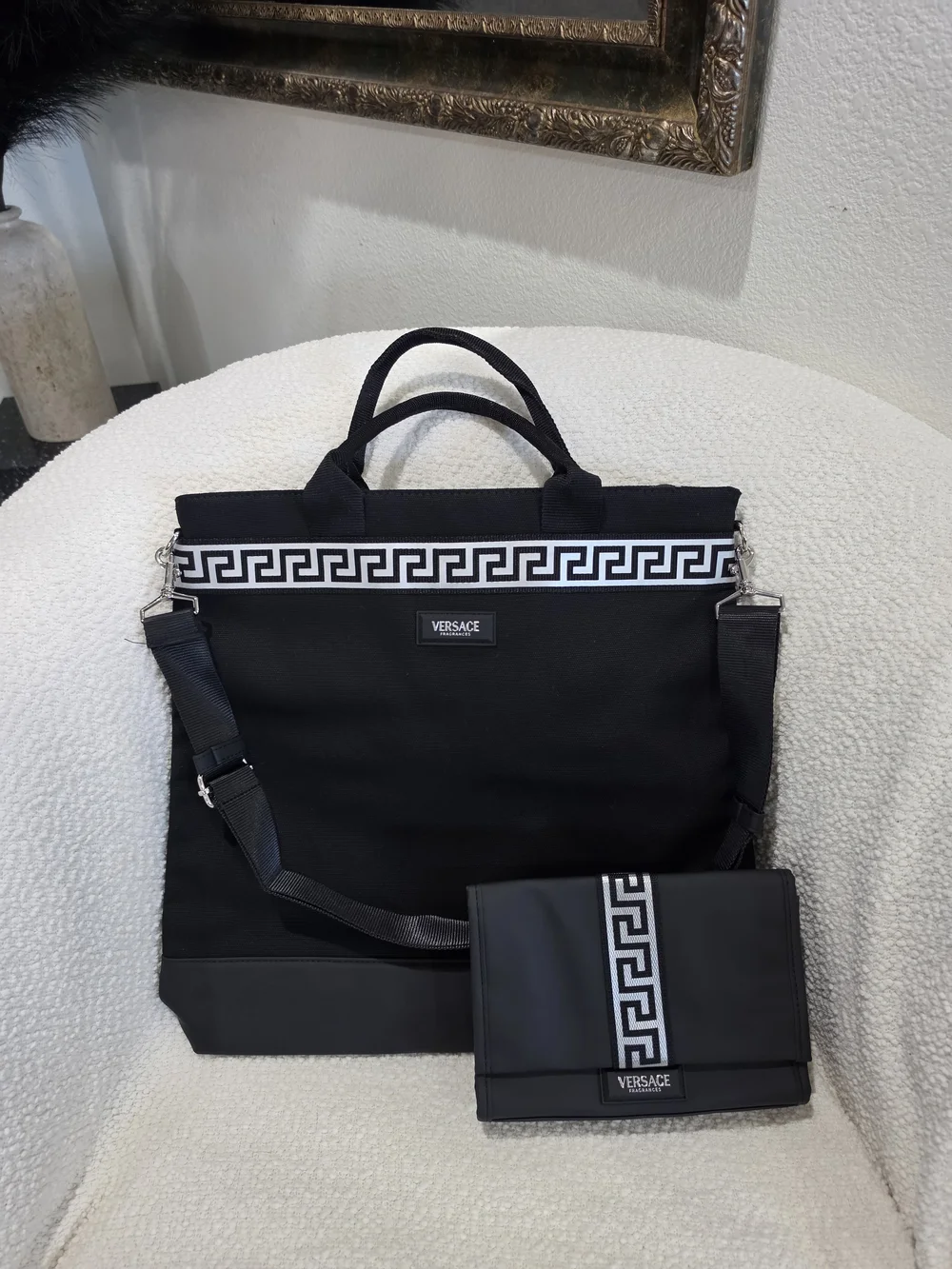 Versace Black Tote with Greek Key Stripe and Removable Pouch